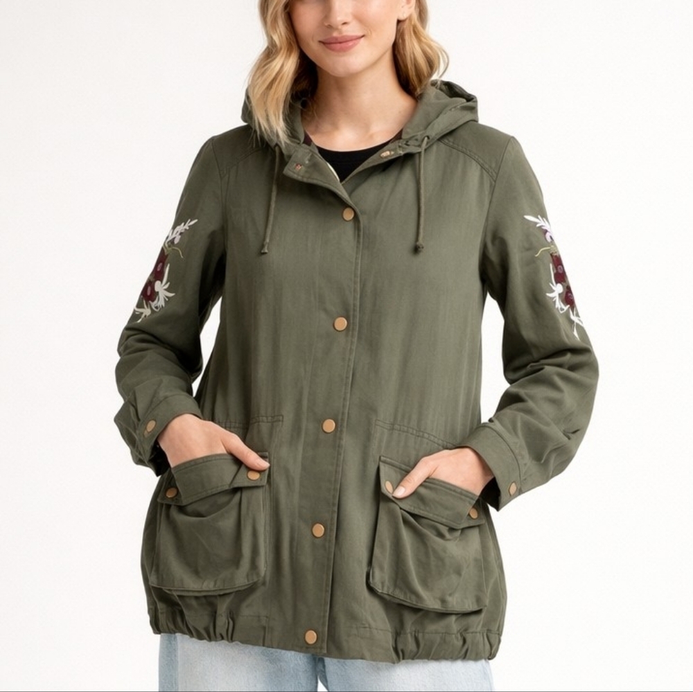 Blue Rain Boho Green Floral Embroidered Snap Button Hooded Utility Jacket M NWOT